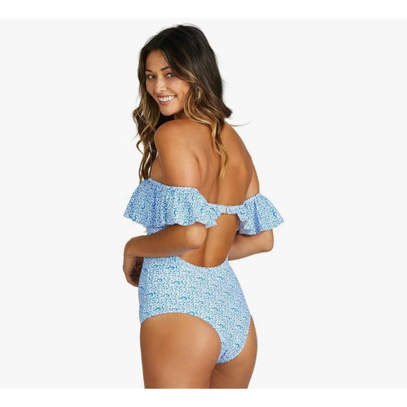 Women's Raisins Blue Floral One Piece Swimsuit - Size M off shoulder cheeky - Picture 1 of 12